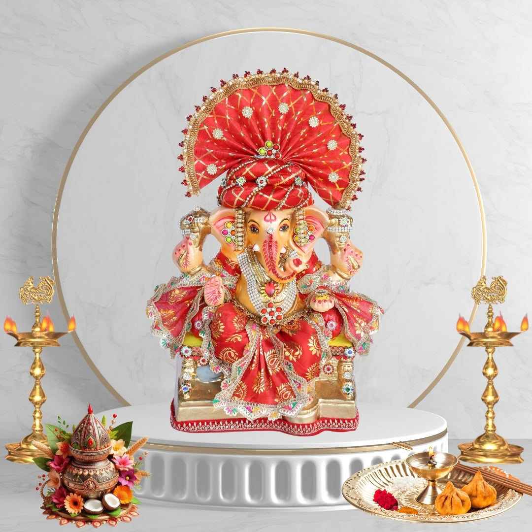 13 Inch – Royal Red Pagdi Ganesha Idol in Traditional Brocade Attire | Eco-Friendly Shadu Mitti Murti
