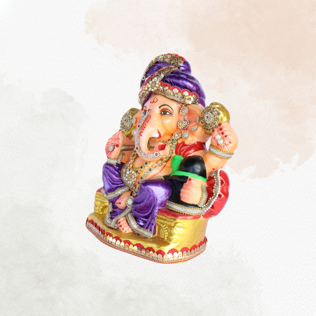 14 Inch – Majestic Seated Ganesha Idol in Royal Purple Attire | Shadu Mitti Clay Murti with Purple Pagdi, Shivling & Mirror Stone Detailing