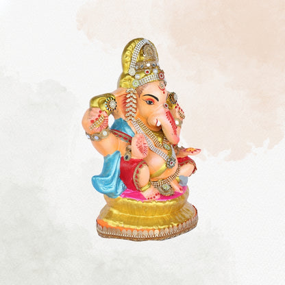 13 Inch – Royal Ganesha Idol  | Blue & Gold Attire | Stone-Studded | Eco-Friendly Clay