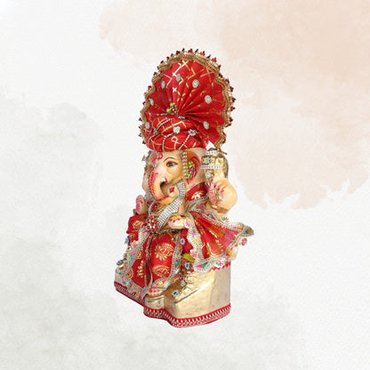 13 Inch – Royal Red Pagdi Ganesha Idol in Traditional Brocade Attire | Eco-Friendly Shadu Mitti Murti