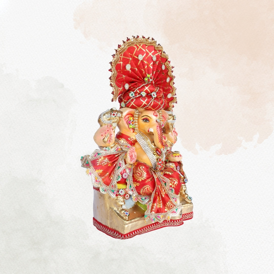 13 Inch – Royal Red Pagdi Ganesha Idol in Traditional Brocade Attire | Eco-Friendly Shadu Mitti Murti