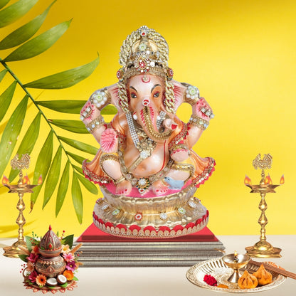13 Inch – Eco-Friendly Shadu Mitti Lord Ganesha Idol | Golden Crown with Pearl & Kundan Work | Biodegradable Ganpati Murti for Ganesh Chaturthi & Visarjan