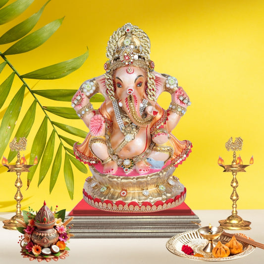 13 Inch – Eco-Friendly Shadu Mitti Lord Ganesha Idol | Golden Crown with Pearl & Kundan Work | Biodegradable Ganpati Murti for Ganesh Chaturthi & Visarjan