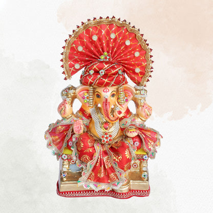 13 Inch – Royal Red Pagdi Ganesha Idol in Traditional Brocade Attire | Eco-Friendly Shadu Mitti Murti