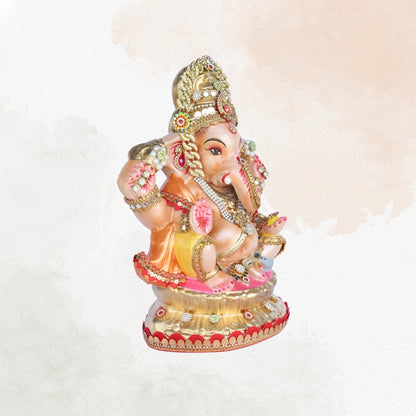 13 Inch – Eco-Friendly Shadu Mitti Lord Ganesha Idol | Golden Crown with Pearl & Kundan Work | Biodegradable Ganpati Murti for Ganesh Chaturthi & Visarjan