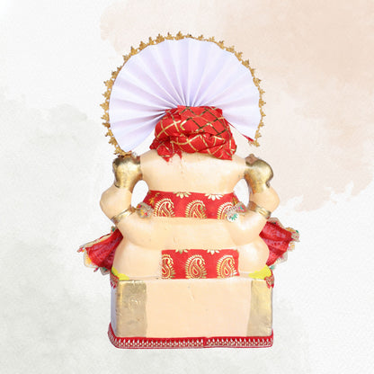 13 Inch – Royal Red Pagdi Ganesha Idol in Traditional Brocade Attire | Eco-Friendly Shadu Mitti Murti