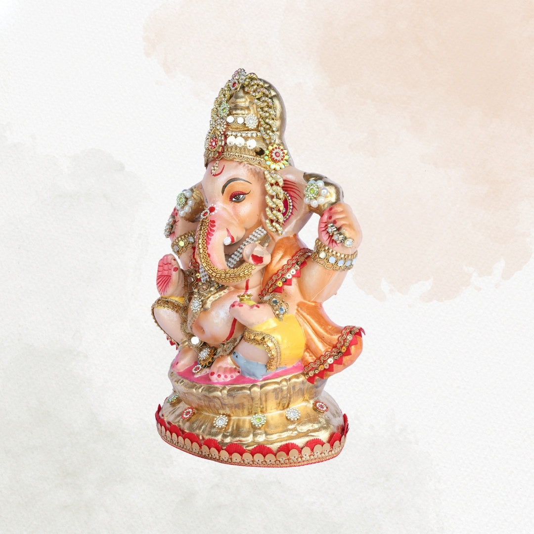 13 Inch – Eco-Friendly Shadu Mitti Lord Ganesha Idol | Golden Crown with Pearl & Kundan Work | Biodegradable Ganpati Murti for Ganesh Chaturthi & Visarjan