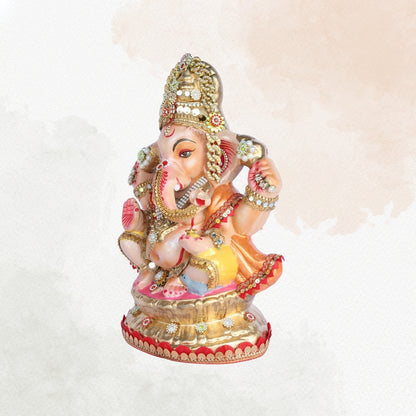 13 Inch – Eco-Friendly Shadu Mitti Lord Ganesha Idol | Golden Crown with Pearl & Kundan Work | Biodegradable Ganpati Murti for Ganesh Chaturthi & Visarjan