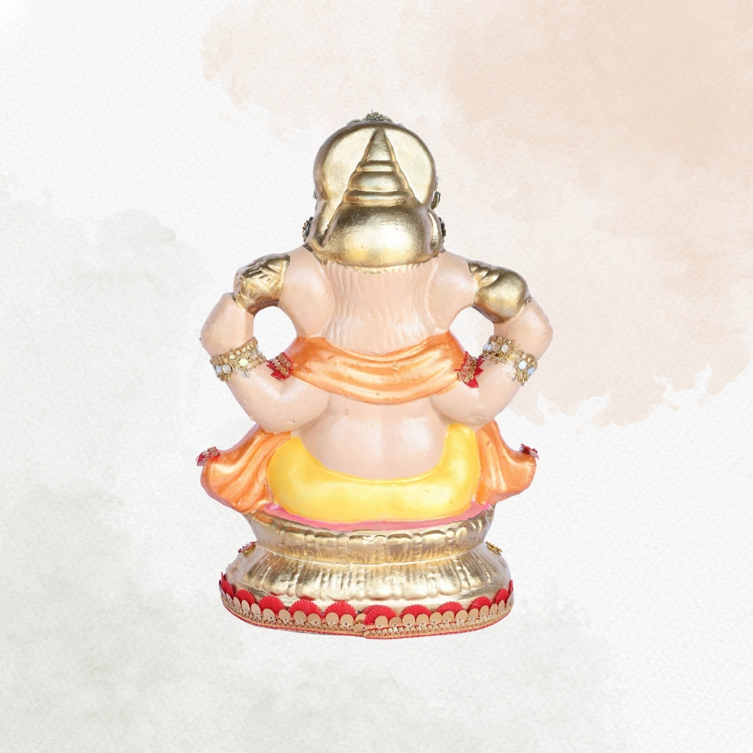 13 Inch – Eco-Friendly Shadu Mitti Lord Ganesha Idol | Golden Crown with Pearl & Kundan Work | Biodegradable Ganpati Murti for Ganesh Chaturthi & Visarjan