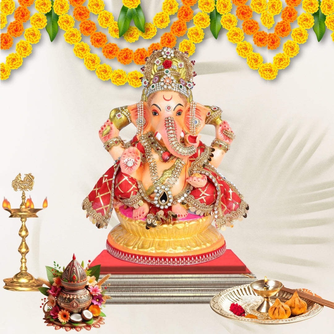 13 Inch – Royal Red Gold Ganesha Idol | Eco-Friendly Clay Murti with Embellished Crown & Velvet Drape