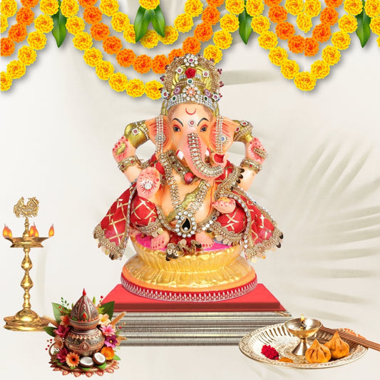 13 Inch – Royal Red Gold Ganesha Idol | Eco-Friendly Clay Murti with Embellished Crown & Velvet Drape