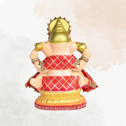 13 Inch – Royal Red Gold Ganesha Idol | Eco-Friendly Clay Murti with Embellished Crown & Velvet Drape