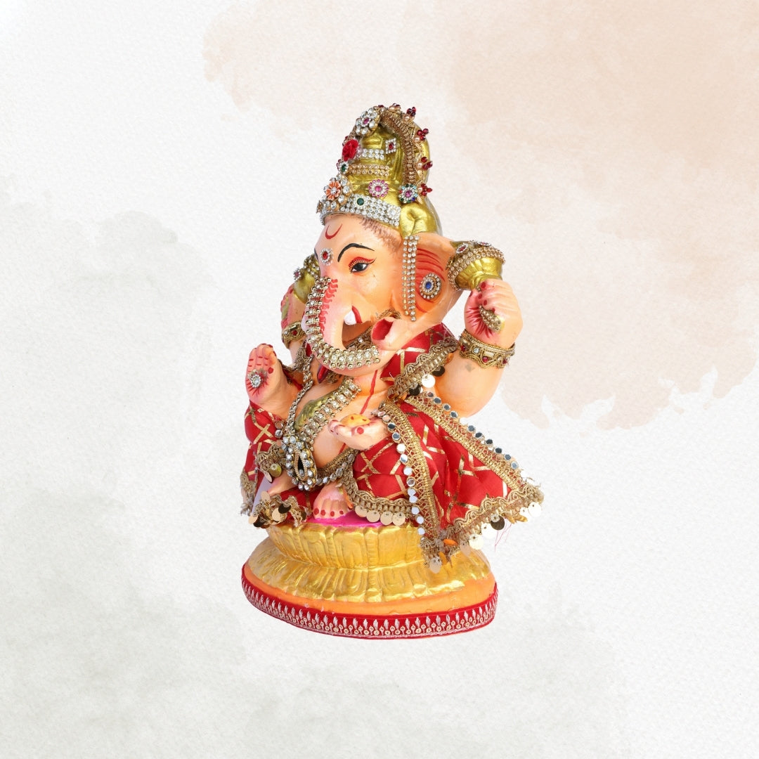13 Inch – Royal Red Gold Ganesha Idol | Eco-Friendly Clay Murti with Embellished Crown & Velvet Drape