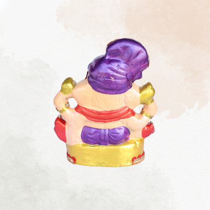 14 Inch – Majestic Seated Ganesha Idol in Royal Purple Attire | Shadu Mitti Clay Murti with Purple Pagdi, Shivling & Mirror Stone Detailing
