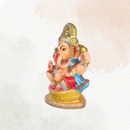 13 Inch – Royal Ganesha Idol  | Blue & Gold Attire | Stone-Studded | Eco-Friendly Clay