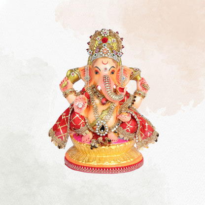 13 Inch – Royal Red Gold Ganesha Idol | Eco-Friendly Clay Murti with Embellished Crown & Velvet Drape