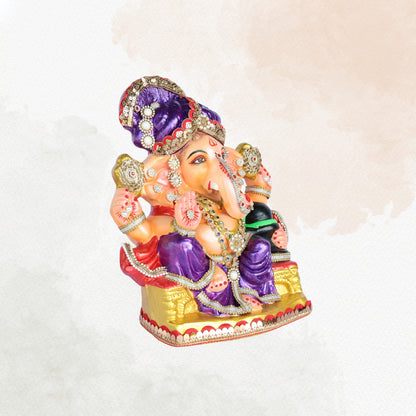 14 Inch – Majestic Seated Ganesha Idol in Royal Purple Attire | Shadu Mitti Clay Murti with Purple Pagdi, Shivling & Mirror Stone Detailing