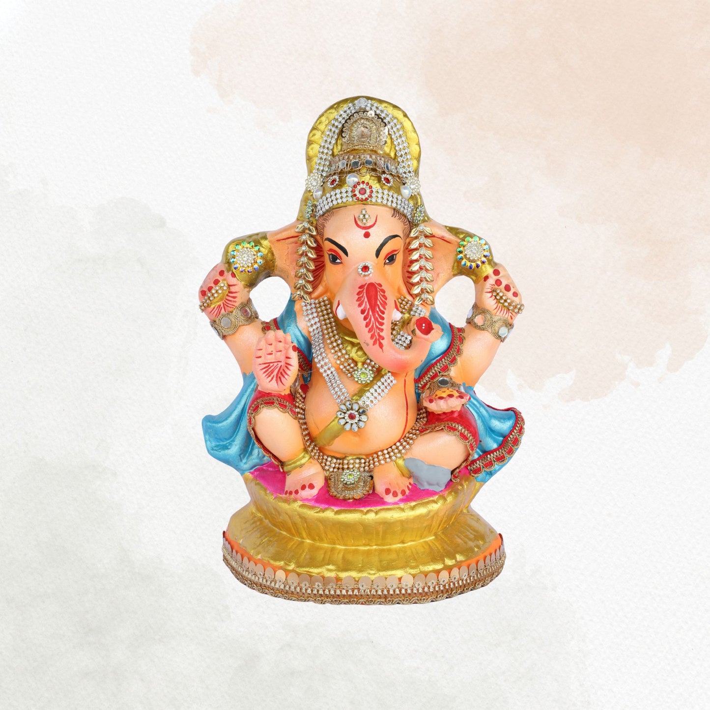 13 Inch – Royal Ganesha Idol  | Blue & Gold Attire | Stone-Studded | Eco-Friendly Clay