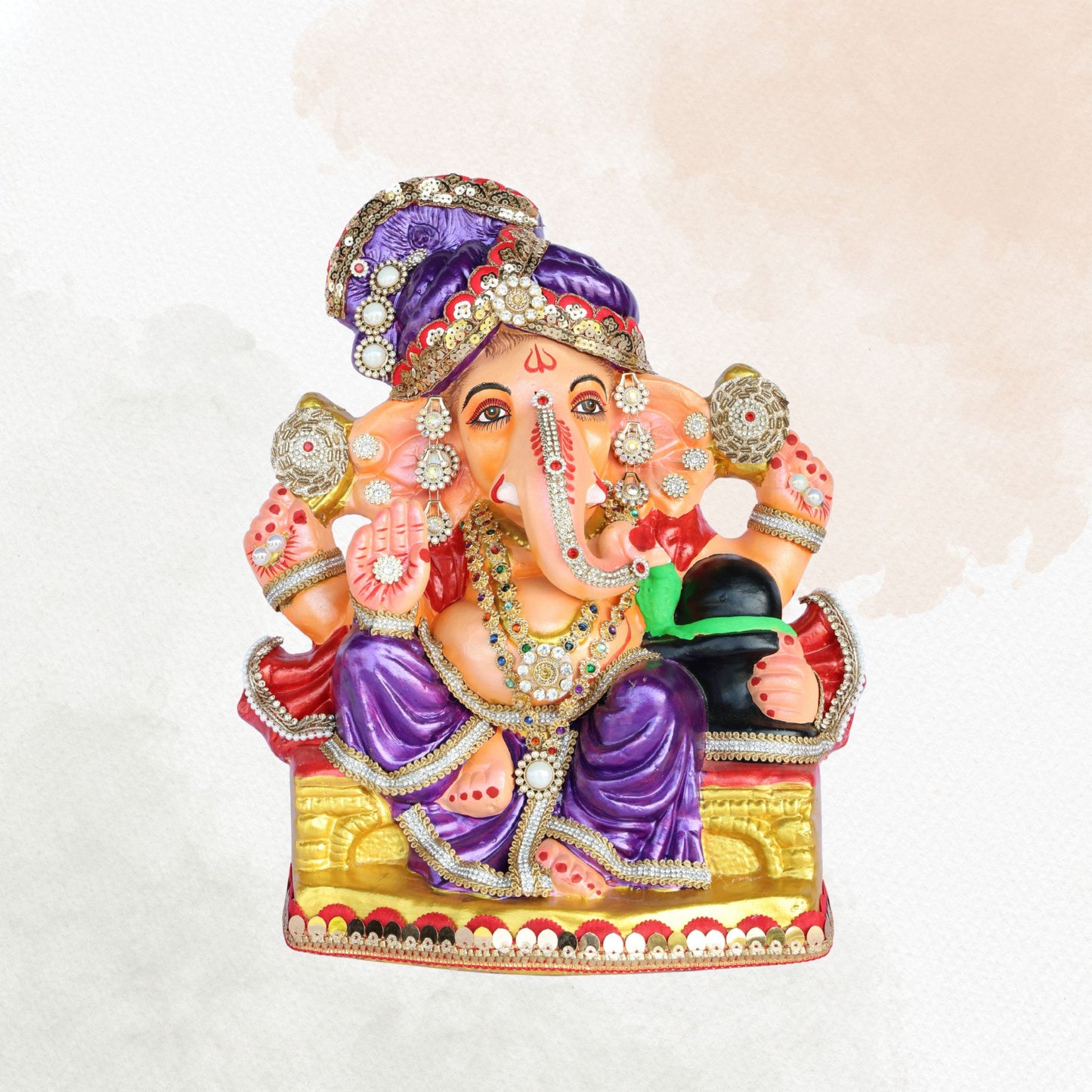 14 Inch – Majestic Seated Ganesha Idol in Royal Purple Attire | Shadu Mitti Clay Murti with Purple Pagdi, Shivling & Mirror Stone Detailing