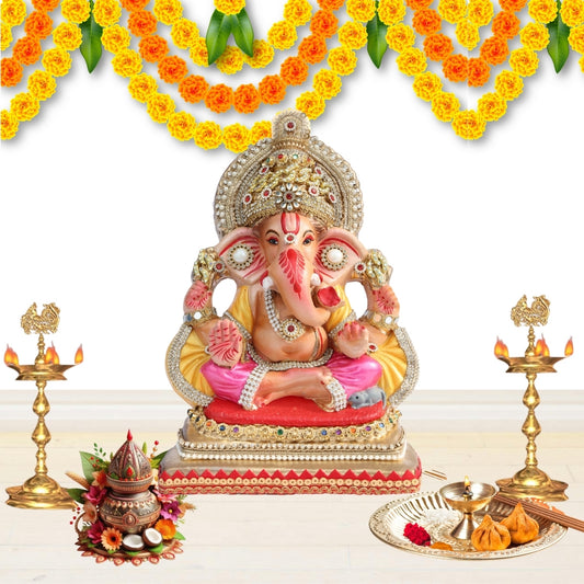 11 Inch – Elegant Seated Ganesha Idol in Pink & Yellow Attire | Shadu Mitti Eco-Friendly Clay Murti with Golden Beaded Crown & Pearl Accents
