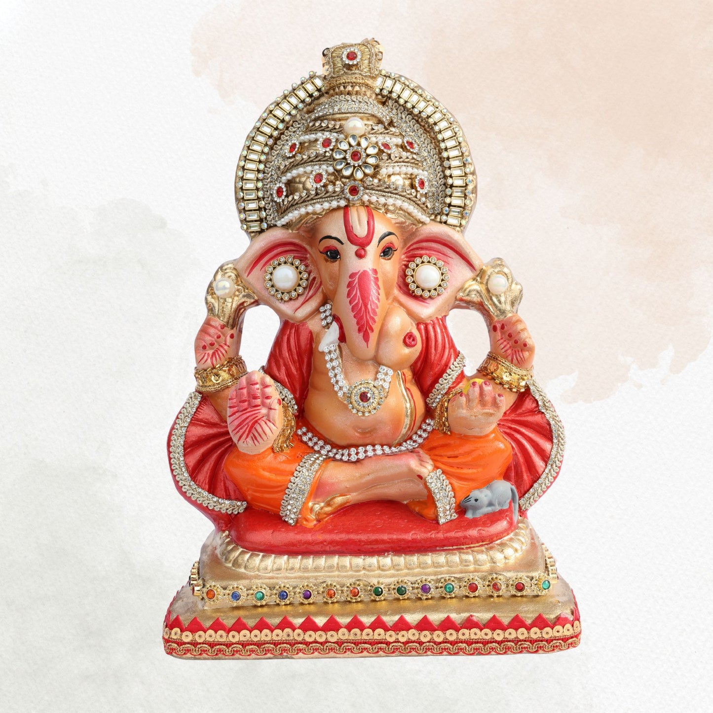 11 Inch – Royal Seated Ganesha Idol in Orange Attire | Shadu Mitti Clay Murti with Beaded Crown & Pearl Stone Work