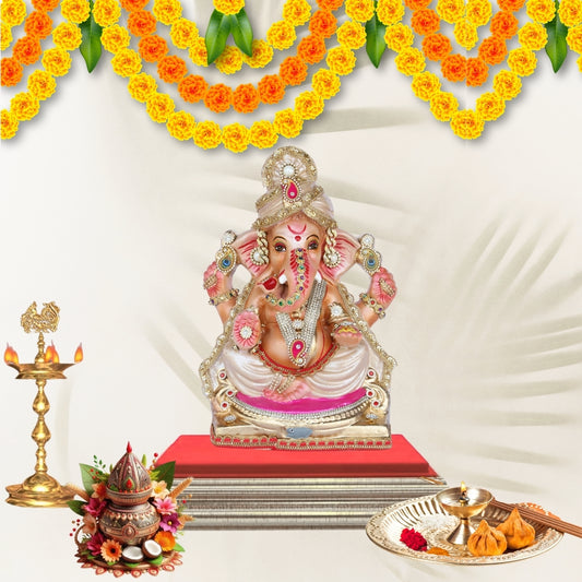 13 Inch – Divine White & Gold Ganesha Idol | Embellished Crown & Beads | Eco-Friendly Clay Murti
