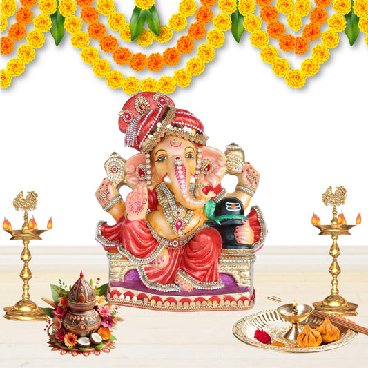 14 Inch – Divine Ganesha Idol with Shivling | Red Attire & Pagdi | Handcrafted Eco-Friendly Shadu Mitti Murti