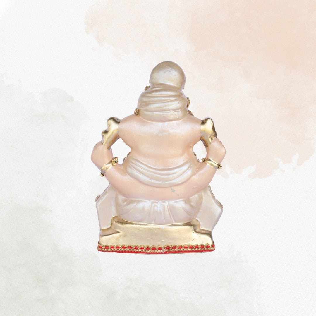 13 Inch – Divine White & Gold Ganesha Idol | Embellished Crown & Beads | Eco-Friendly Clay Murti