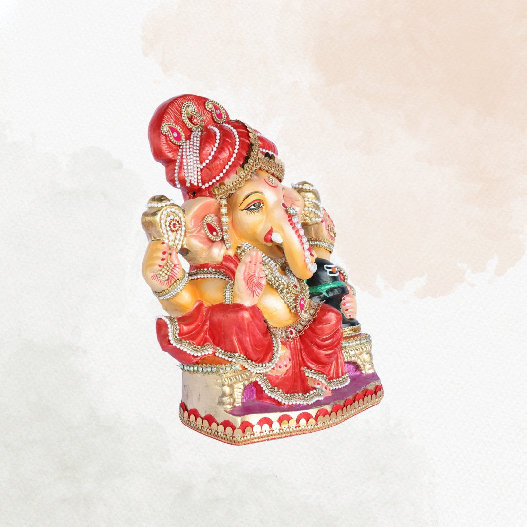 14 Inch – Divine Ganesha Idol with Shivling | Red Attire & Pagdi | Handcrafted Eco-Friendly Shadu Mitti Murti