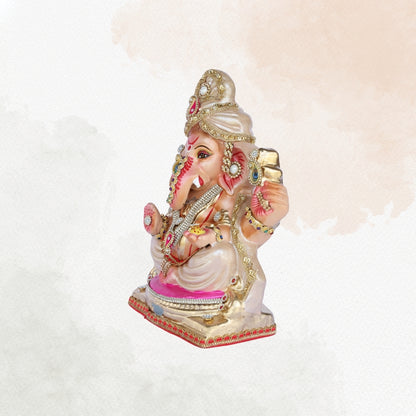 13 Inch – Divine White & Gold Ganesha Idol | Embellished Crown & Beads | Eco-Friendly Clay Murti
