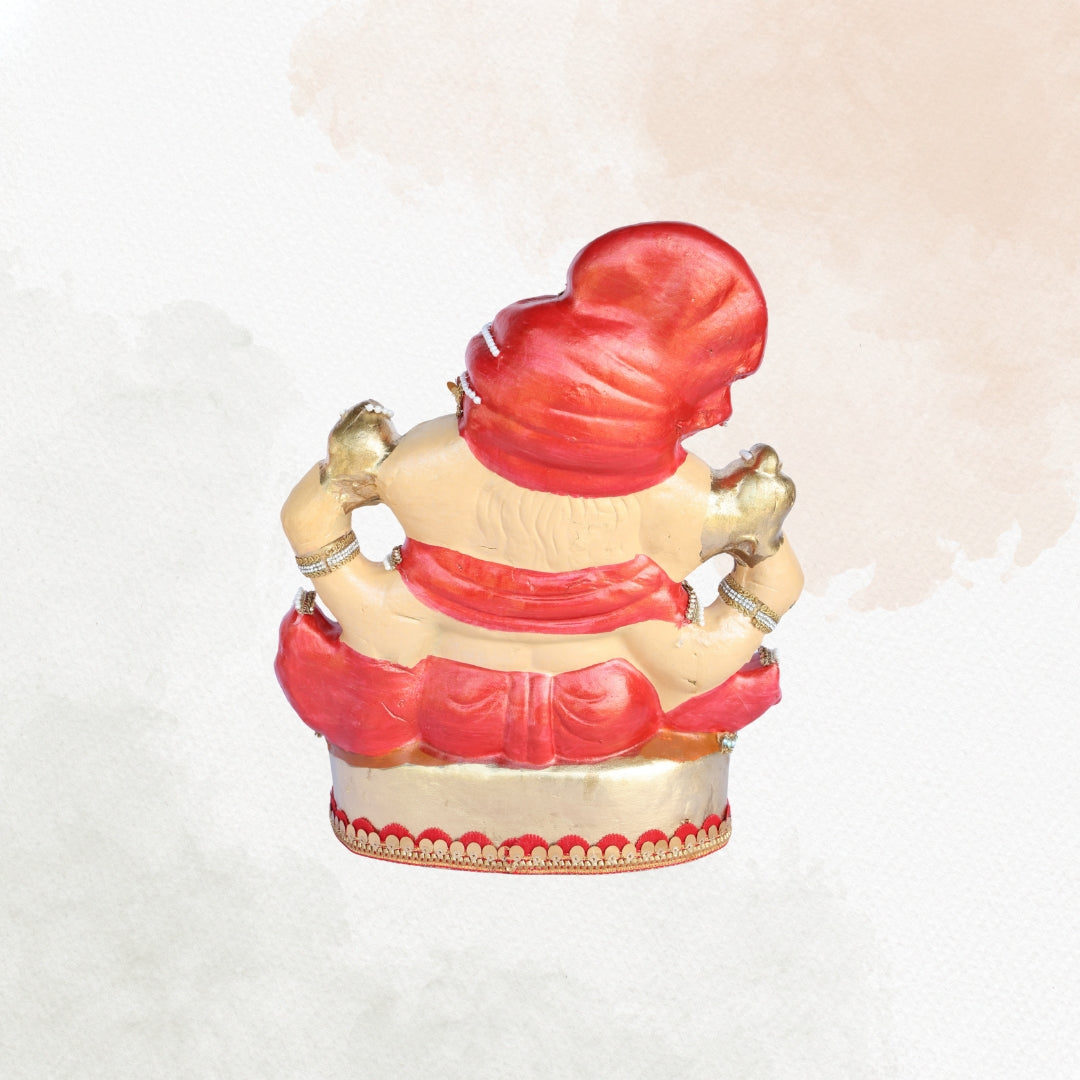 14 Inch – Divine Ganesha Idol with Shivling | Red Attire & Pagdi | Handcrafted Eco-Friendly Shadu Mitti Murti