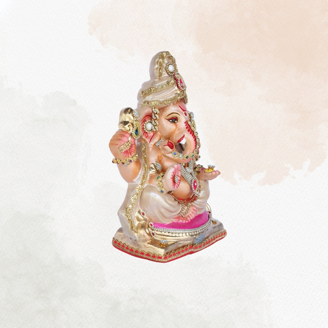 13 Inch – Divine White & Gold Ganesha Idol | Embellished Crown & Beads | Eco-Friendly Clay Murti