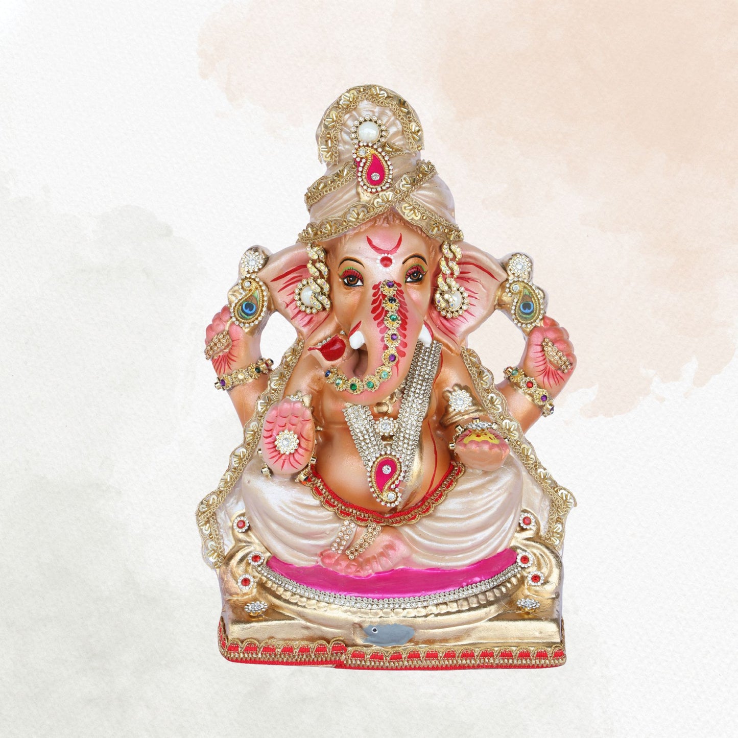 13 Inch – Divine White & Gold Ganesha Idol | Embellished Crown & Beads | Eco-Friendly Clay Murti