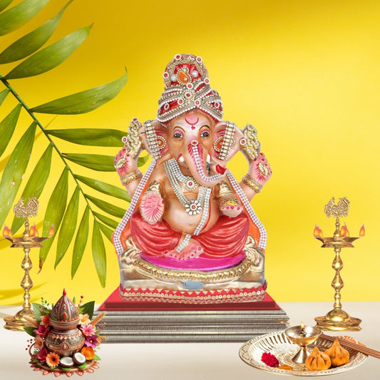 13 Inch – Regal Red Ganesha Idol | Embellished Crown & Jewelry | Eco-Friendly Shadu Mitti Murti