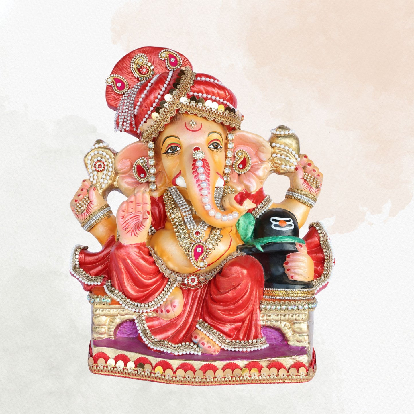 14 Inch – Divine Ganesha Idol with Shivling | Red Attire & Pagdi | Handcrafted Eco-Friendly Shadu Mitti Murti