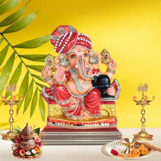 14 Inch – Traditional Seated Ganesha Idol in Red Attire with Red Pagdi | Eco-Friendly Shadu Mitti Murti Holding Shivling