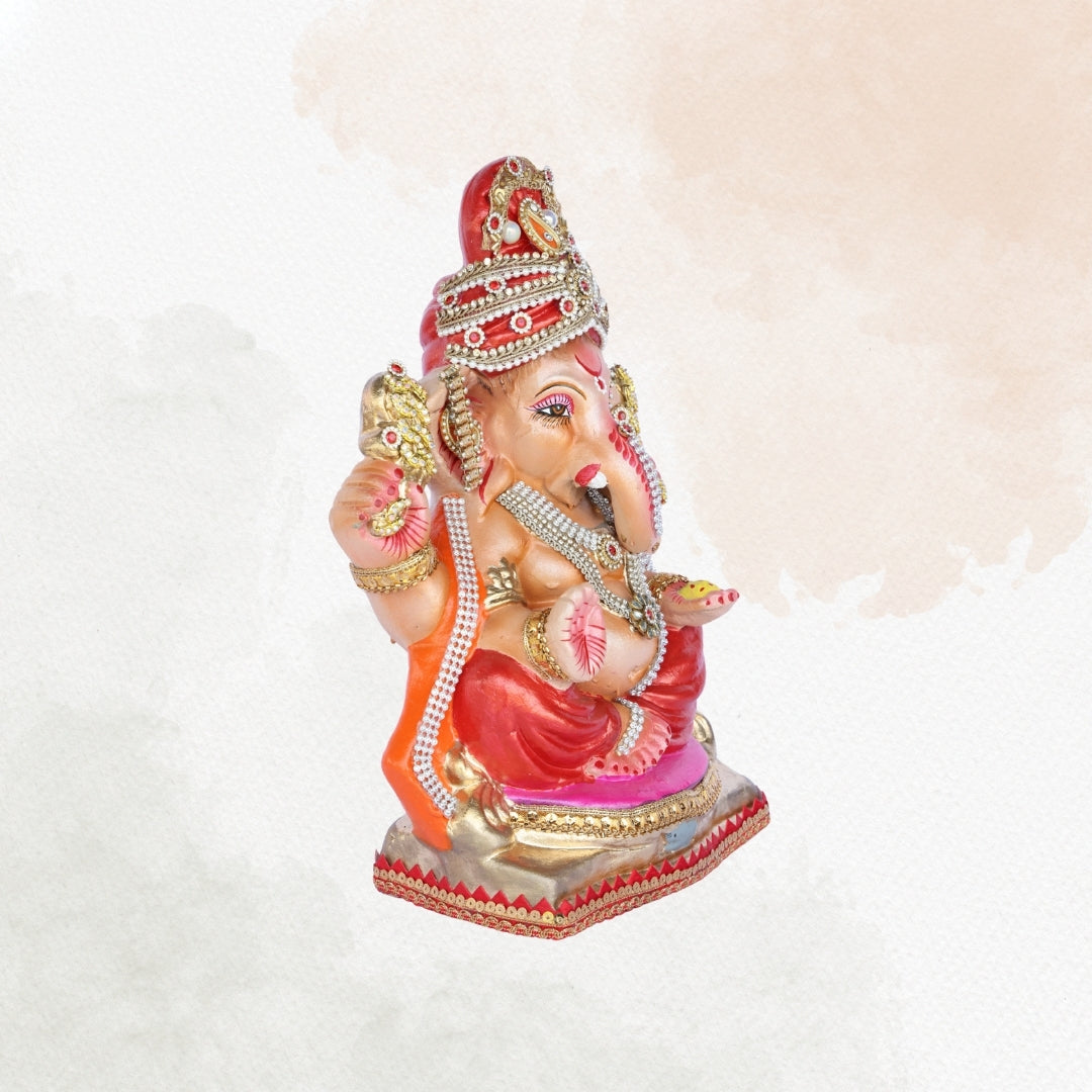 13 Inch – Regal Red Ganesha Idol | Embellished Crown & Jewelry | Eco-Friendly Shadu Mitti Murti