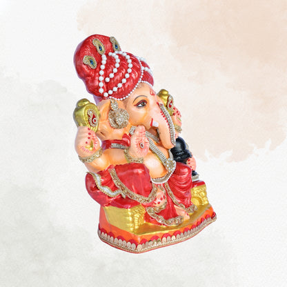 14 Inch – Traditional Seated Ganesha Idol in Red Attire with Red Pagdi | Eco-Friendly Shadu Mitti Murti Holding Shivling