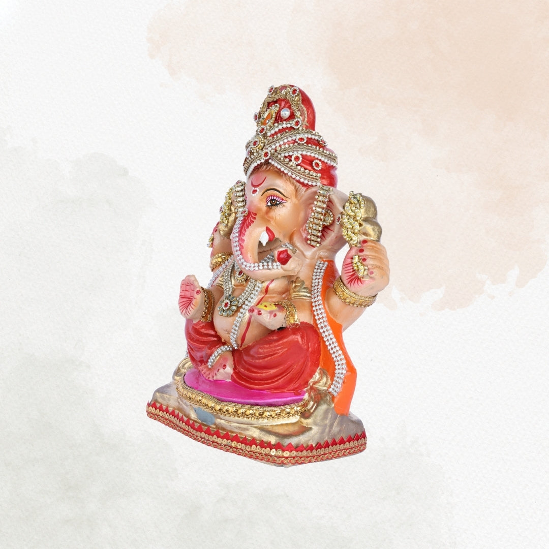 13 Inch – Regal Red Ganesha Idol | Embellished Crown & Jewelry | Eco-Friendly Shadu Mitti Murti