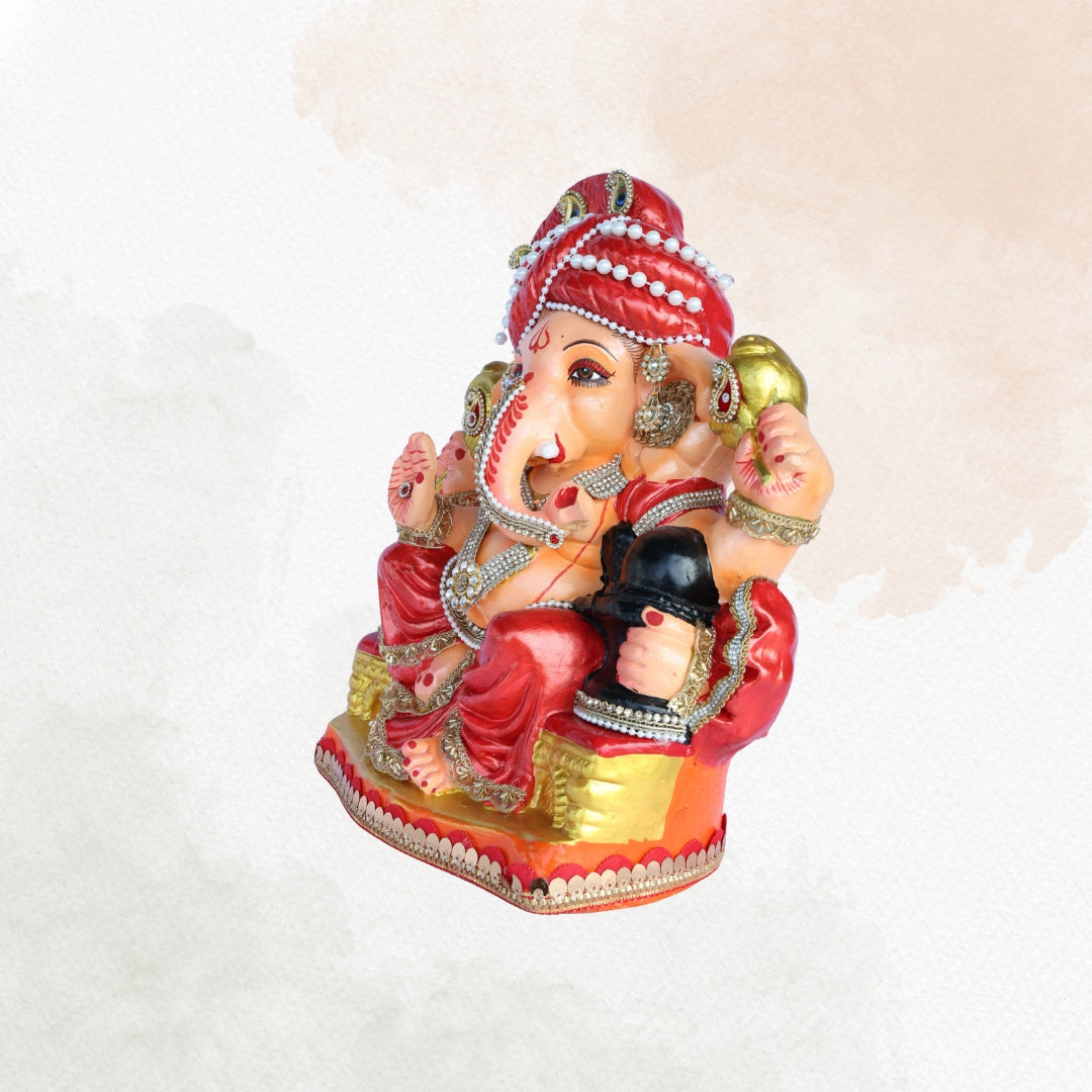 14 Inch – Traditional Seated Ganesha Idol in Red Attire with Red Pagdi | Eco-Friendly Shadu Mitti Murti Holding Shivling