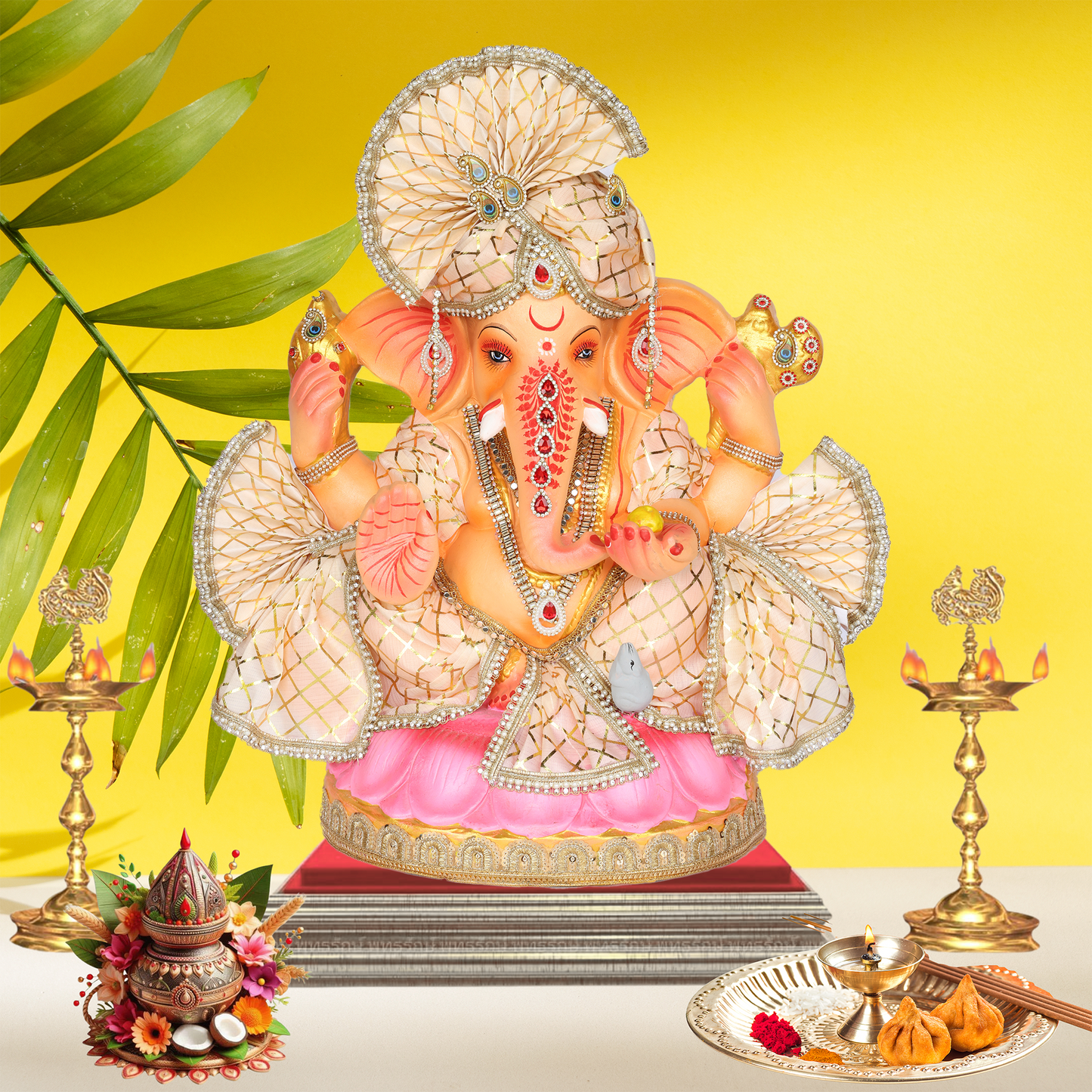 23 Inch – Elegant Seated Ganesha Idol in Cream-Gold Attire | Shadu Mitti Eco-Friendly Murti with Designer Pagdi & Red Gemstone Work