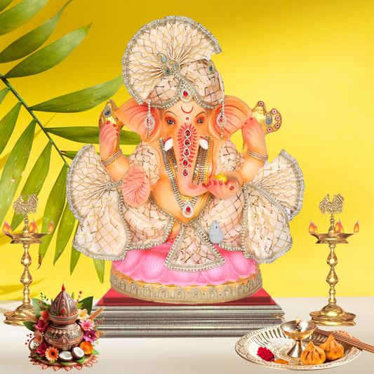 23 Inch – Elegant Seated Ganesha Idol in Cream-Gold Attire | Shadu Mitti Eco-Friendly Murti with Designer Pagdi & Red Gemstone Work