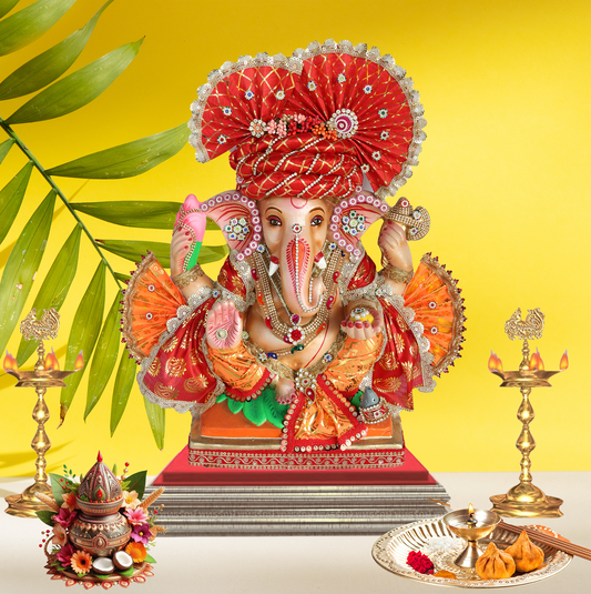 19 Inch – Royal Red Ganesha Idol | Eco-Friendly Shadu Mitti Murti with Lotus & Modak | Traditional Maharashtrian Design