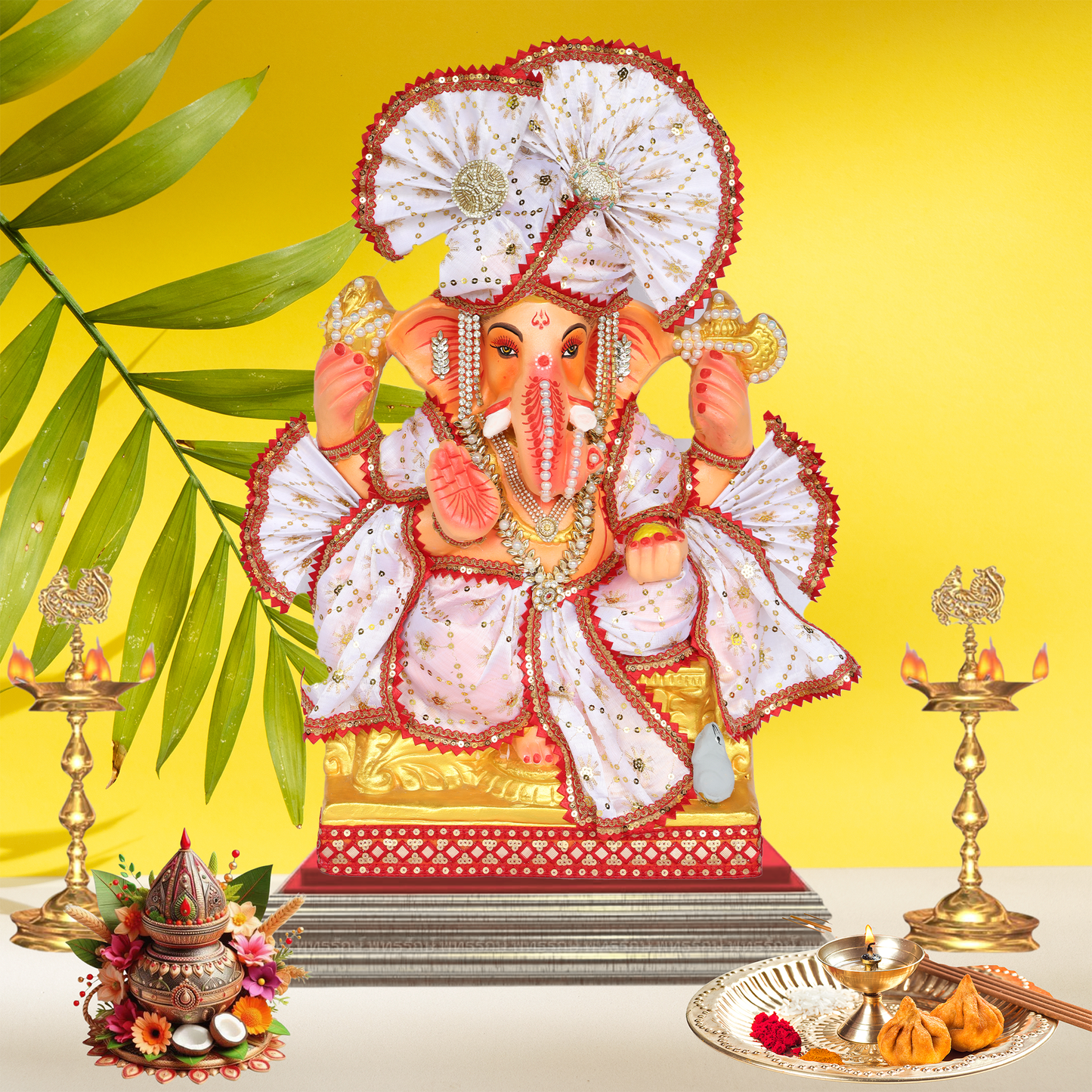 23 Inch – Divine White Ganesha Idol in Shadu Mitti | Eco-Friendly Murti with Pearl-Stone Work & Majestic Fan-Style Pagdi