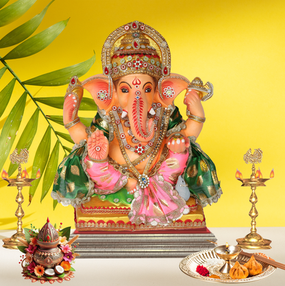 19 Inch – Royal Pink & Green Ganesha Idol | Eco-Friendly Shadu Mitti Ganpati Murti with Crown & Kalash