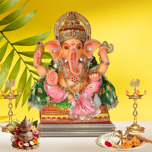 19 Inch – Royal Pink & Green Ganesha Idol | Eco-Friendly Shadu Mitti Ganpati Murti with Crown & Kalash