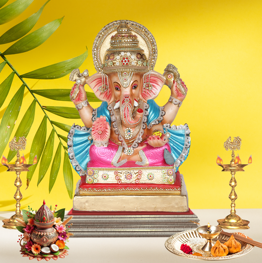 25 Inch – Majestic Ganesha Idol in Blue & Pink Attire | Shadu Mitti Clay Murti with Ornate Golden Crown & Blessing Pose