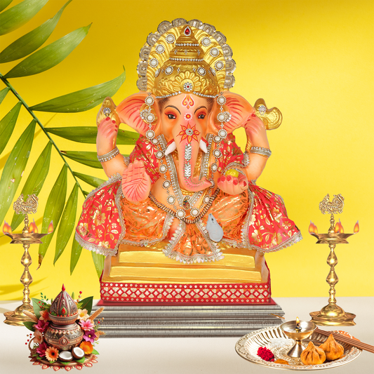 23 Inch – Traditional Seated Ganesha Idol in Red & Orange Floral Attire | Shadu Mitti Clay Murti with Golden Crown & Pearl Jewelry