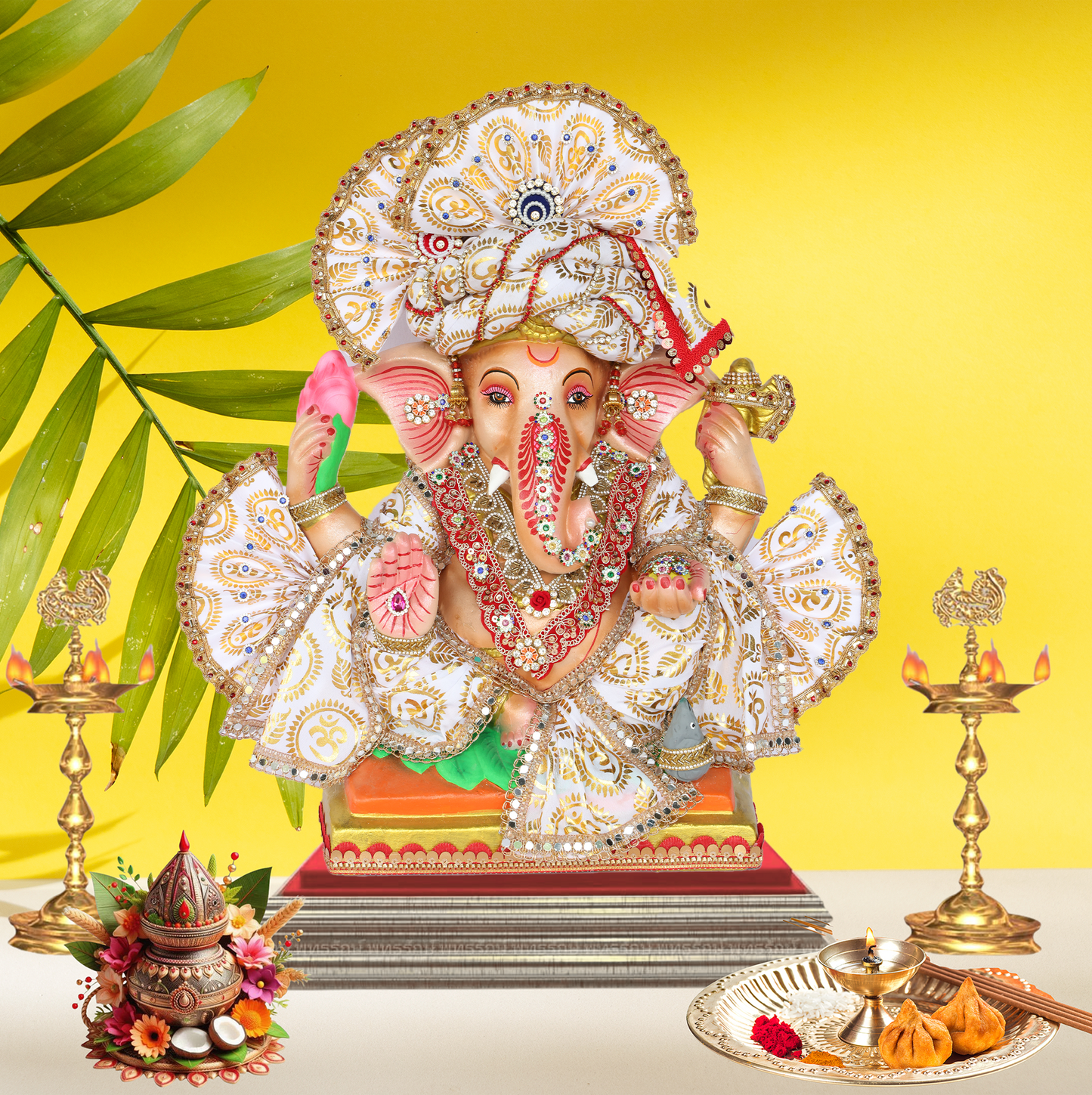 19 Inch – Elegant White Ganesha Idol | Eco-Friendly Shadu Mitti Ganpati with Lotus & Modak | Designer Maharashtrian Style