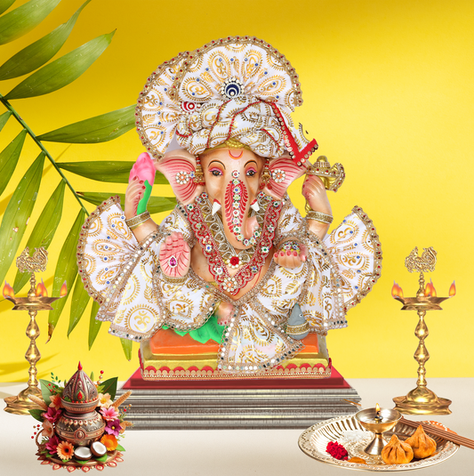 19 Inch – Elegant White Ganesha Idol | Eco-Friendly Shadu Mitti Ganpati with Lotus & Modak | Designer Maharashtrian Style